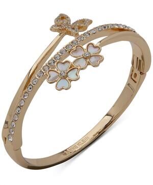 Anne Klein Gold-Tone Pavé Butterfly & Mother-of-Pearl Flower Bangle Bracelet